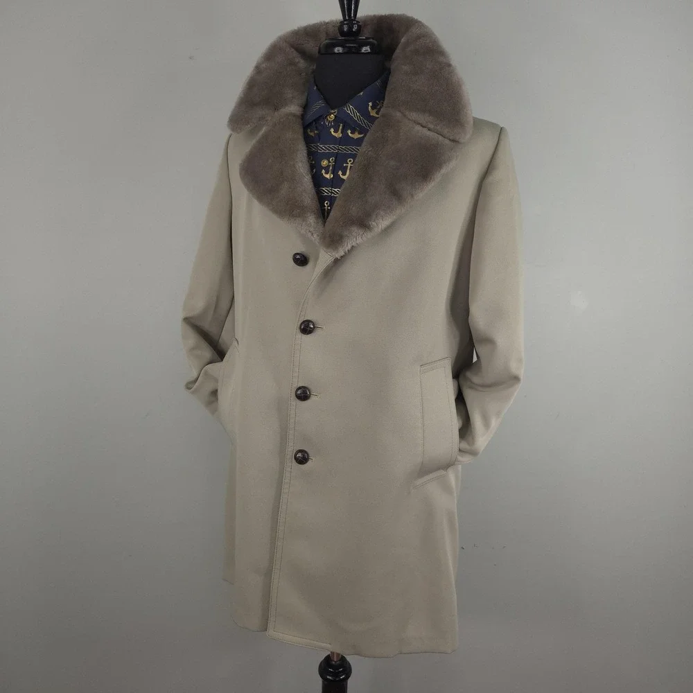 Vintage Fur Collar Coat Mens 40 Beige Faux Fur Lined Dress Overcoat Winter